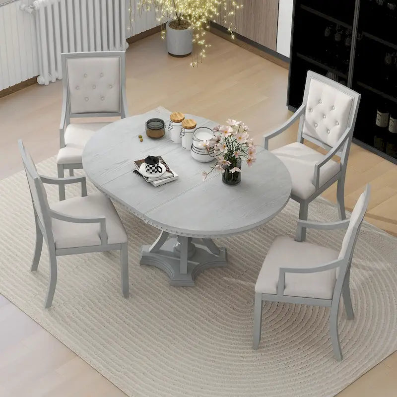 Extendable Dining Table and Chair Sets Rustic Farmhouse Dining Table and Chair Sets with Manual Leaf Extension for Kitchen