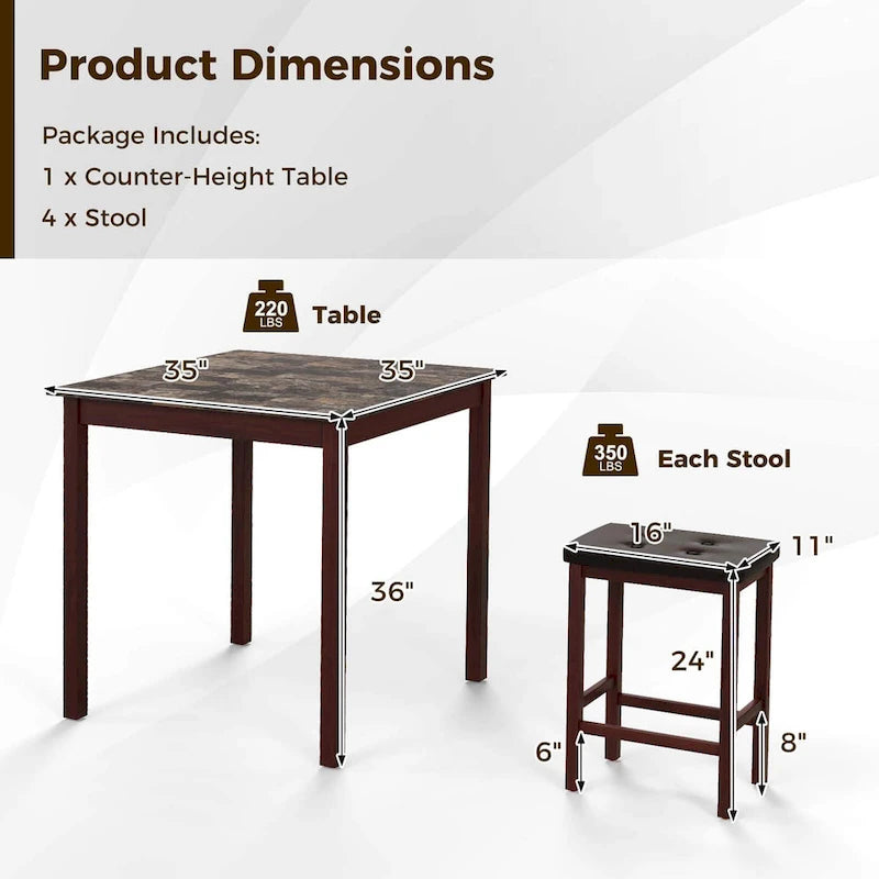 Costway 5 PCS Bar Table Set Square Dining Table & 4 PVC Leather