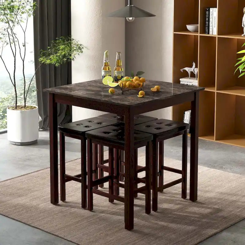 Costway 5 PCS Bar Table Set Square Dining Table & 4 PVC Leather