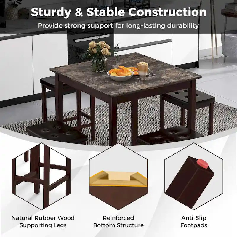 Costway 5 PCS Bar Table Set Square Dining Table & 4 PVC Leather