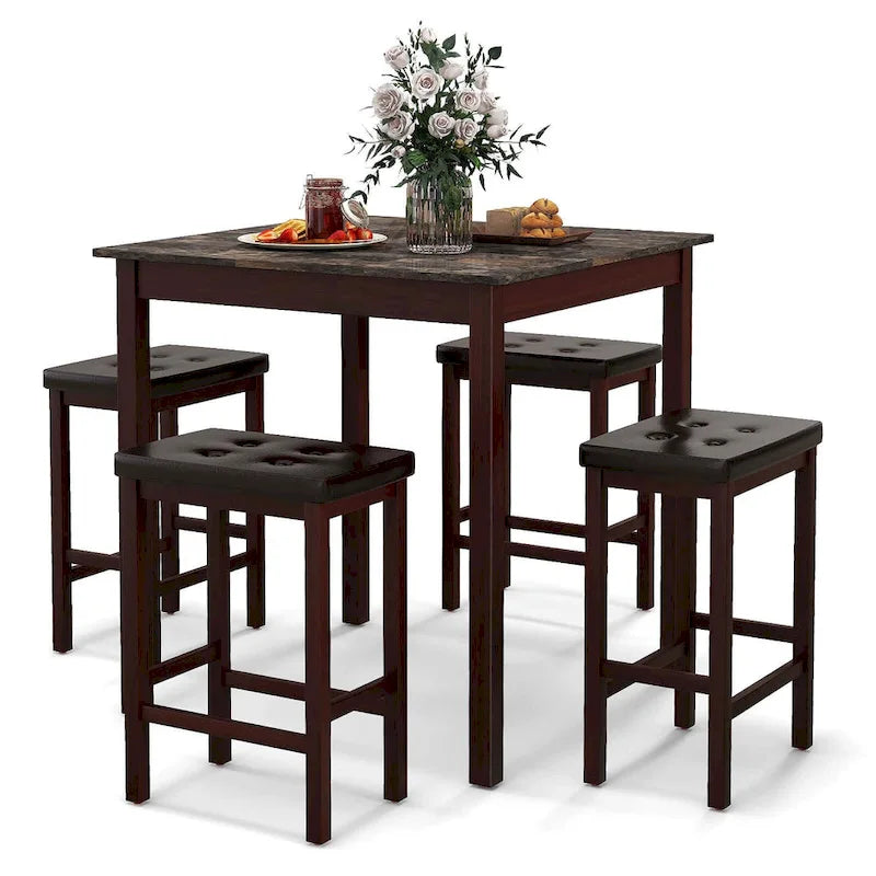 Costway 5 PCS Bar Table Set Square Dining Table & 4 PVC Leather