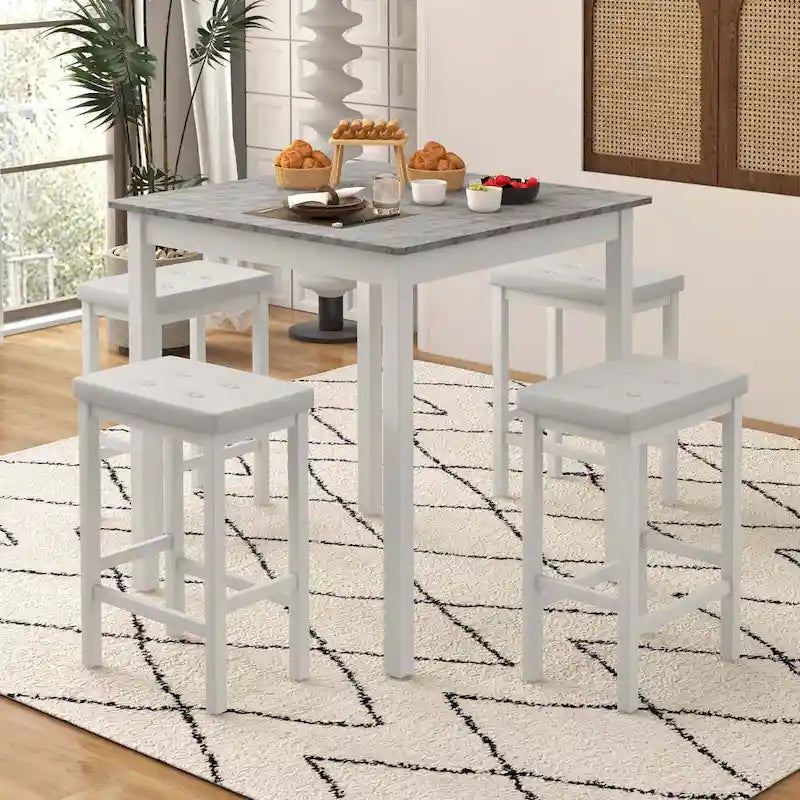 Costway 5 PCS Bar Table Set Square Dining Table & 4 PVC Leather