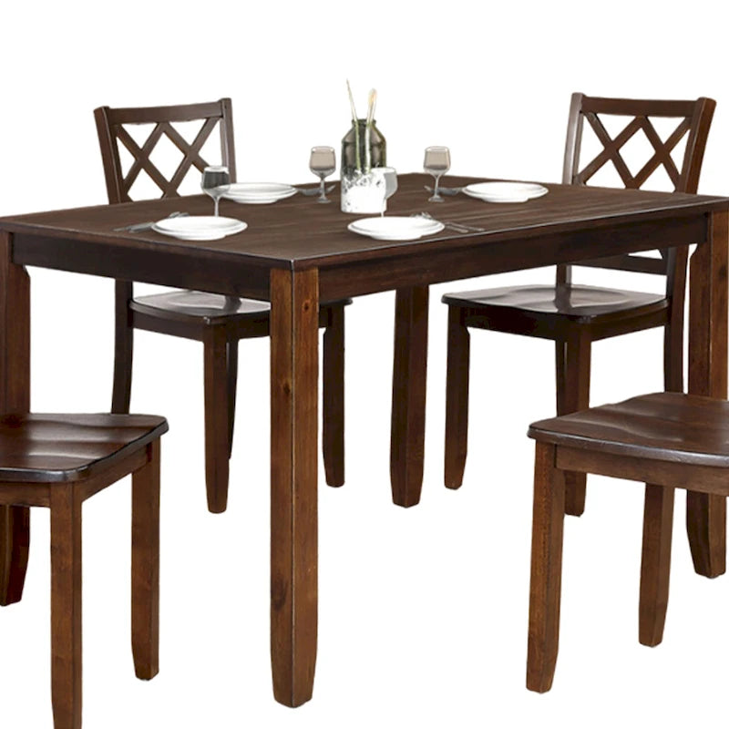 Ziko 5 Piece Dining Table Set, 4 Cross Back Chairs, Cherry Brown Solid Wood