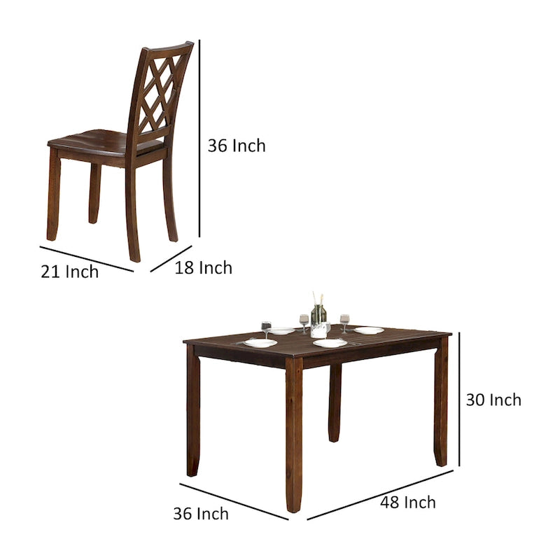 Ziko 5 Piece Dining Table Set, 4 Cross Back Chairs, Cherry Brown Solid Wood