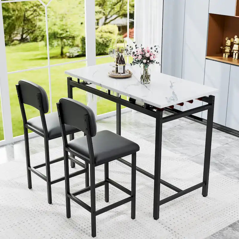 Kitchen Dining Table Chair Set, 3 Piece Counter Height Table Set with Storage Shelves and 2 Upholstered Chairs