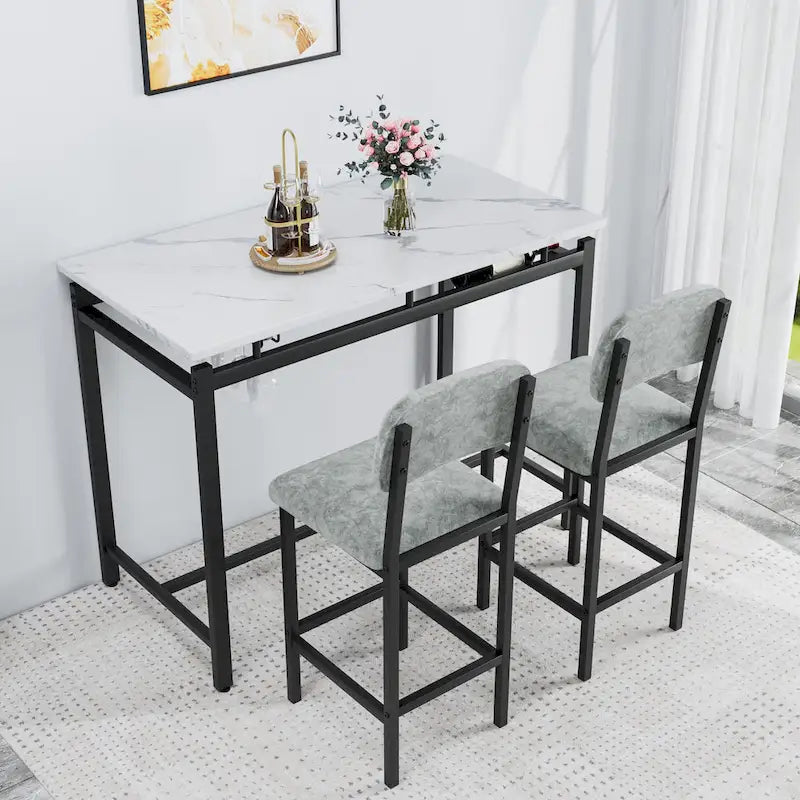 Kitchen Dining Table Chair Set, 3 Piece Counter Height Table Set with Storage Shelves and 2 Upholstered Chairs