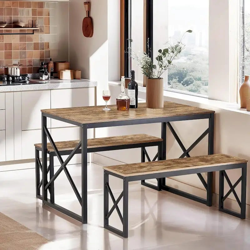 44.3  Dining Table with Benches Kitchen Table set for 4 Rectangular Dining Room Table Set with 2 Metal Wood Benches