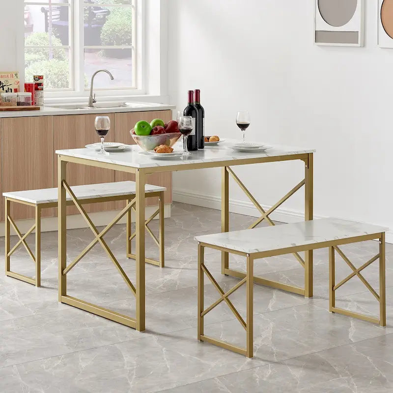 44.3  Dining Table with Benches Kitchen Table set for 4 Rectangular Dining Room Table Set with 2 Metal Wood Benches