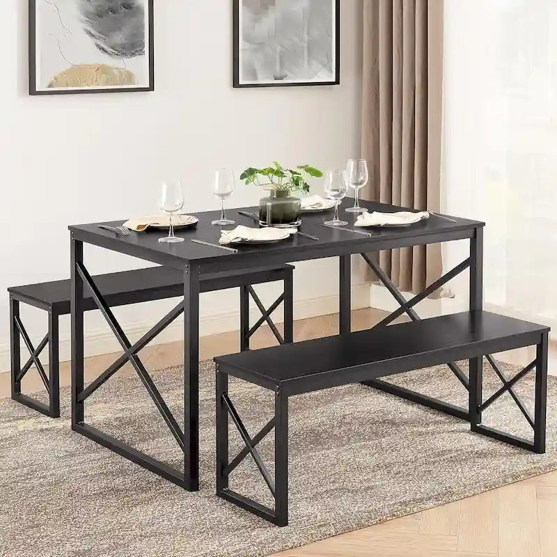 44.3  Dining Table with Benches Kitchen Table set for 4 Rectangular Dining Room Table Set with 2 Metal Wood Benches