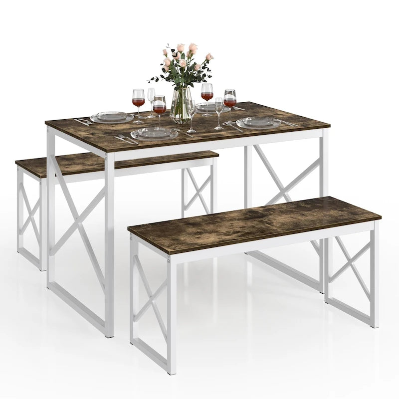 44.3  Dining Table with Benches Kitchen Table set for 4 Rectangular Dining Room Table Set with 2 Metal Wood Benches