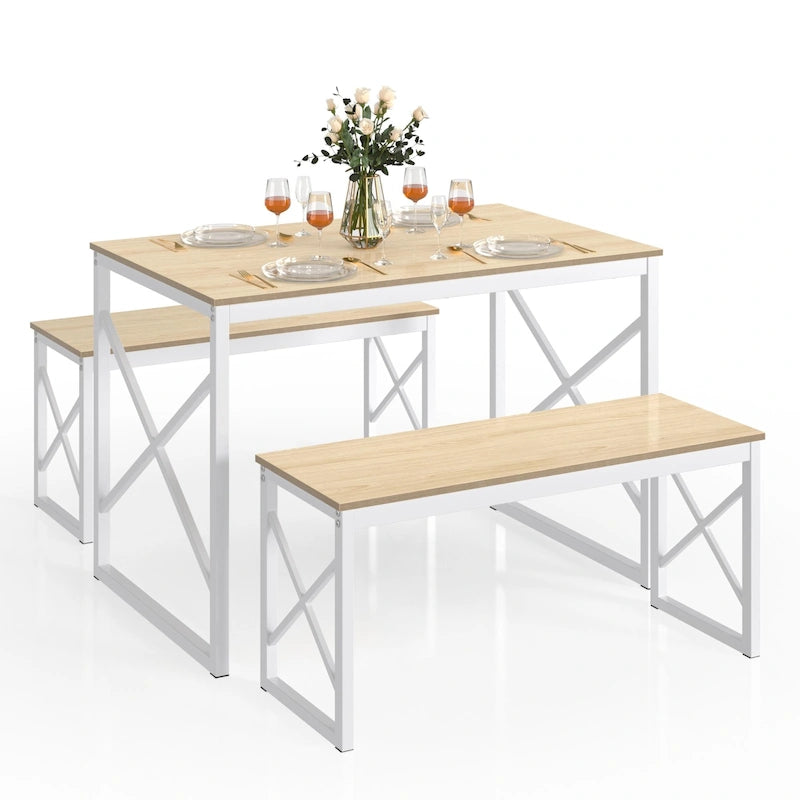 44.3  Dining Table with Benches Kitchen Table set for 4 Rectangular Dining Room Table Set with 2 Metal Wood Benches