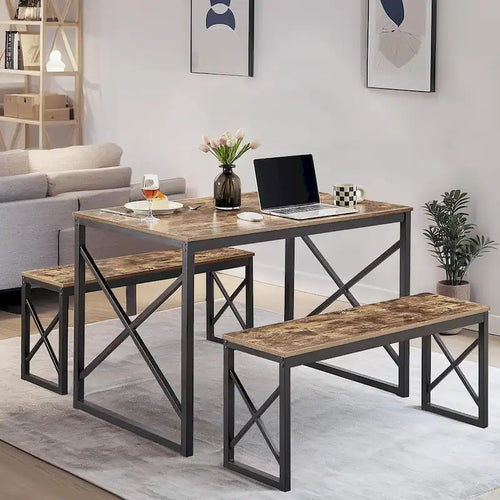 44.3  Dining Table with Benches Kitchen Table set for 4 Rectangular Dining Room Table Set with 2 Metal Wood Benches