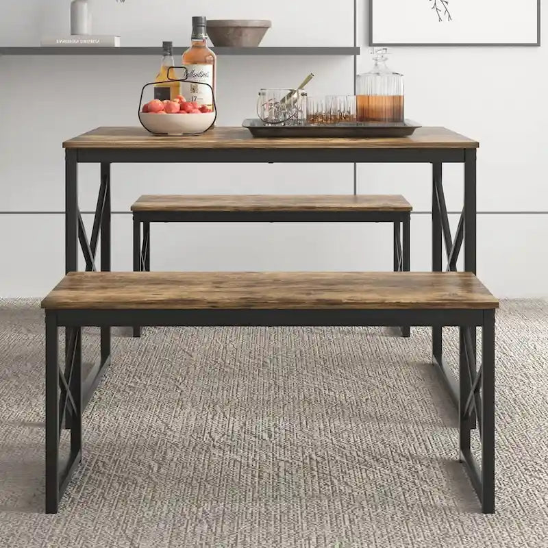 44.3  Dining Table with Benches Kitchen Table set for 4 Rectangular Dining Room Table Set with 2 Metal Wood Benches