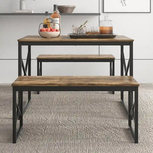 44.3  Dining Table with Benches Kitchen Table set for 4 Rectangular Dining Room Table Set with 2 Metal Wood Benches