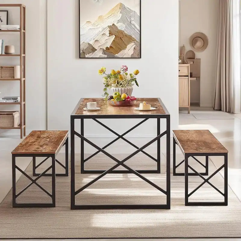 44.3  Dining Table with Benches Kitchen Table set for 4 Rectangular Dining Room Table Set with 2 Metal Wood Benches