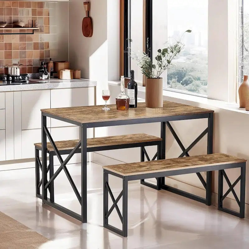 44.3  Dining Table with Benches Kitchen Table set for 4 Rectangular Dining Room Table Set with 2 Metal Wood Benches