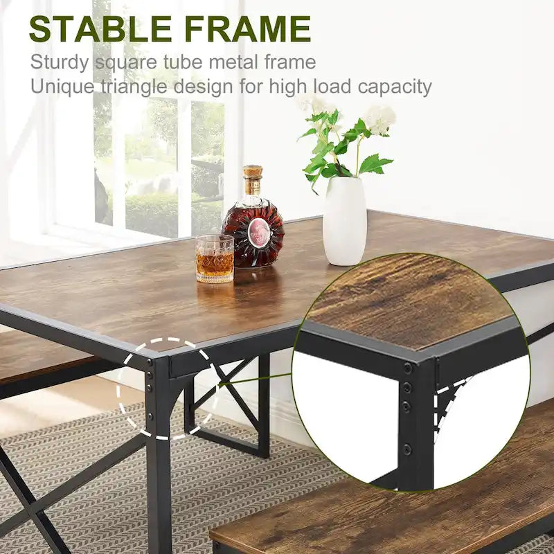 44.3  Dining Table with Benches Kitchen Table set for 4 Rectangular Dining Room Table Set with 2 Metal Wood Benches