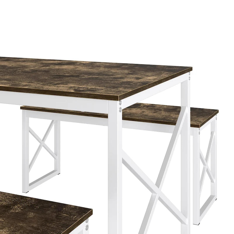 44.3  Dining Table with Benches Kitchen Table set for 4 Rectangular Dining Room Table Set with 2 Metal Wood Benches