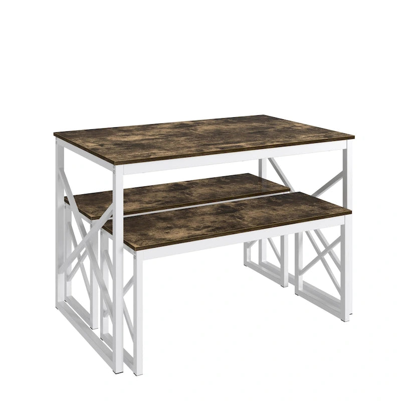 44.3  Dining Table with Benches Kitchen Table set for 4 Rectangular Dining Room Table Set with 2 Metal Wood Benches