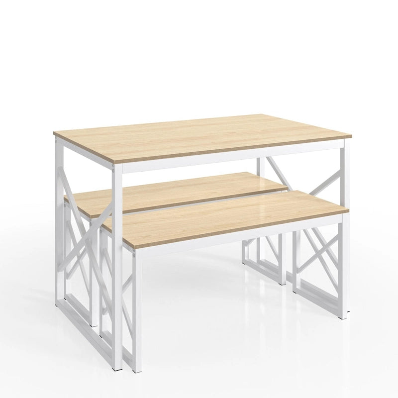 44.3  Dining Table with Benches Kitchen Table set for 4 Rectangular Dining Room Table Set with 2 Metal Wood Benches