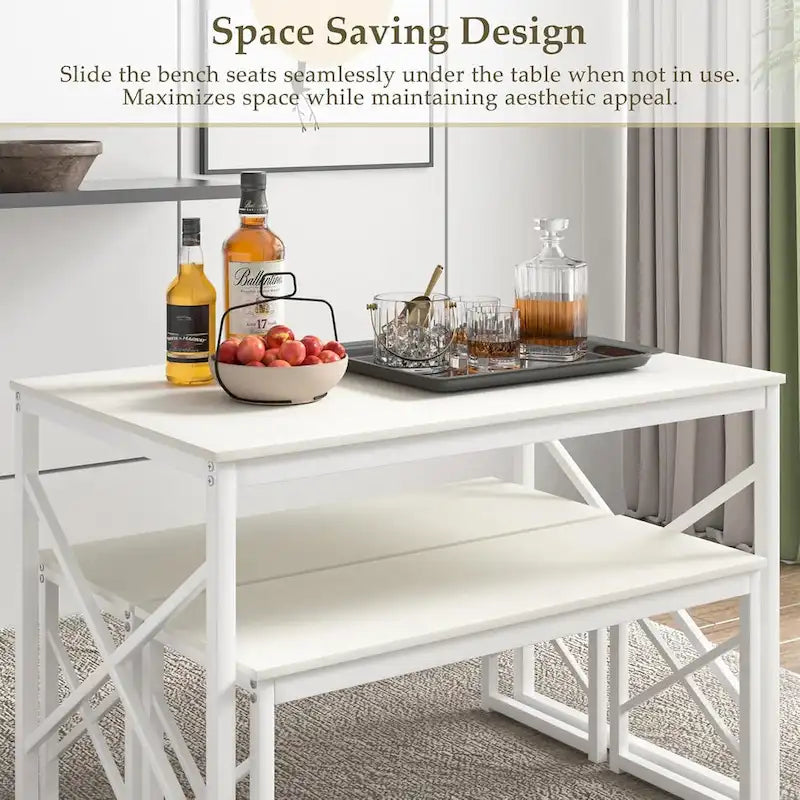 44.3  Dining Table with Benches Kitchen Table set for 4 Rectangular Dining Room Table Set with 2 Metal Wood Benches