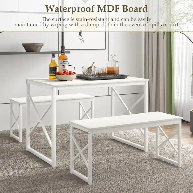 44.3  Dining Table with Benches Kitchen Table set for 4 Rectangular Dining Room Table Set with 2 Metal Wood Benches