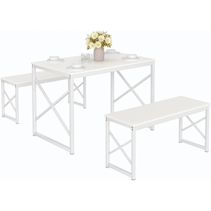 44.3  Dining Table with Benches Kitchen Table set for 4 Rectangular Dining Room Table Set with 2 Metal Wood Benches