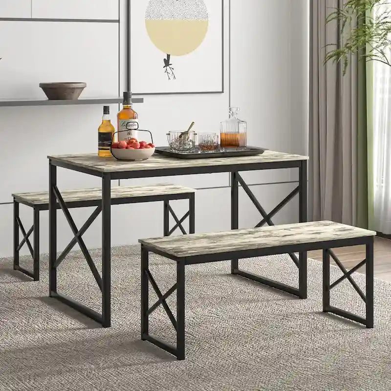 44.3  Dining Table with Benches Kitchen Table set for 4 Rectangular Dining Room Table Set with 2 Metal Wood Benches