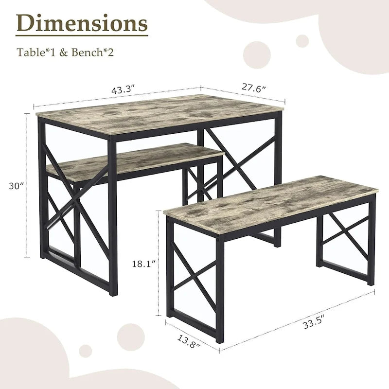 44.3  Dining Table with Benches Kitchen Table set for 4 Rectangular Dining Room Table Set with 2 Metal Wood Benches