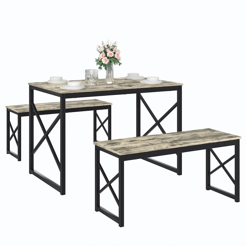 44.3  Dining Table with Benches Kitchen Table set for 4 Rectangular Dining Room Table Set with 2 Metal Wood Benches
