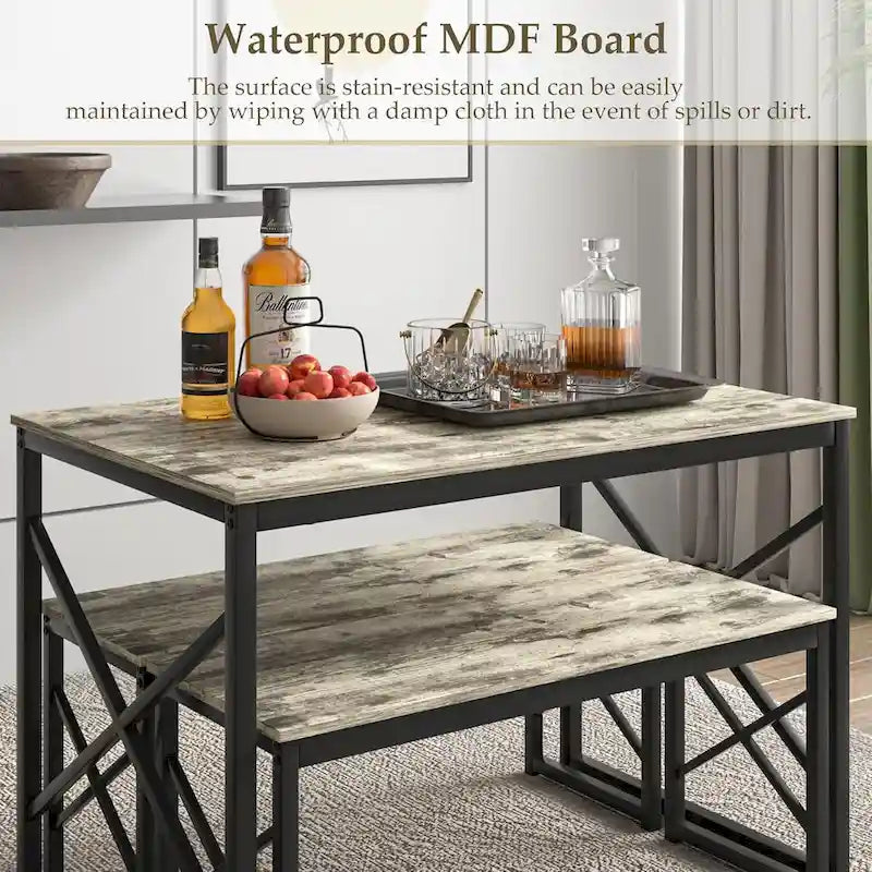 44.3  Dining Table with Benches Kitchen Table set for 4 Rectangular Dining Room Table Set with 2 Metal Wood Benches