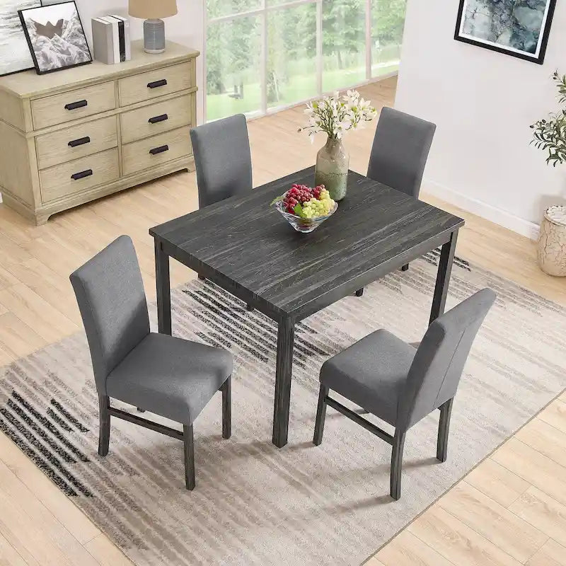 Rustic 5-Piece Dining Set with Small Space Rectangular Table & 4 Upholstered Chairs