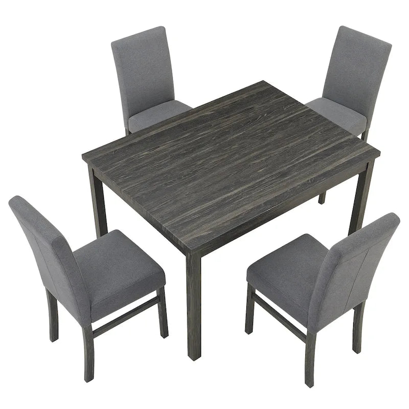 Rustic 5-Piece Dining Set with Small Space Rectangular Table & 4 Upholstered Chairs