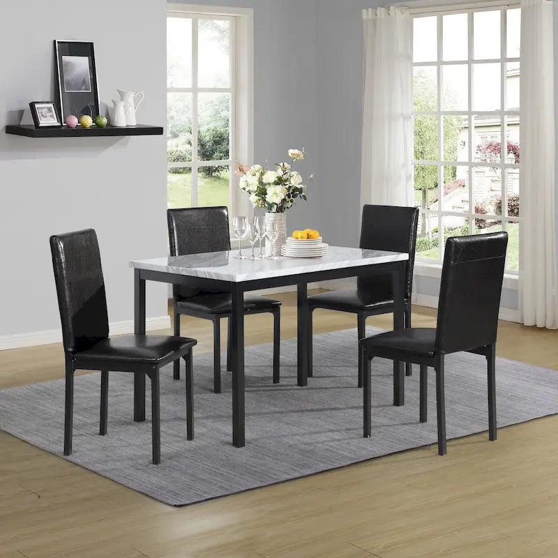 5-Piece Dining Table Set with Rectangular Faux Marble Top and 4 Faux Leather Upholstered Chairs