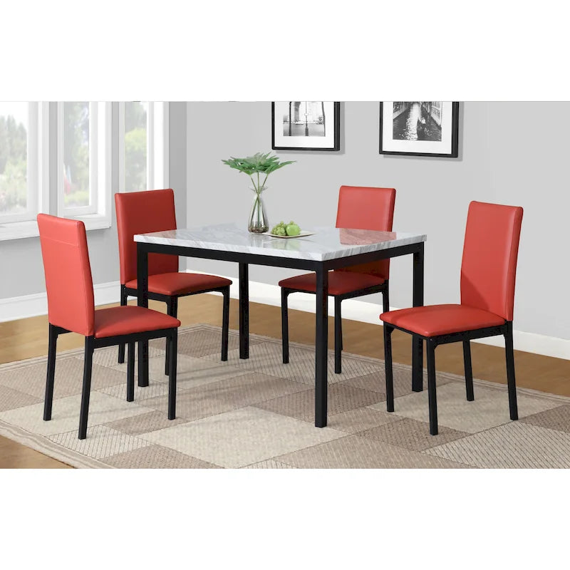 5-Piece Dining Table Set with Rectangular Faux Marble Top and 4 Faux Leather Upholstered Chairs