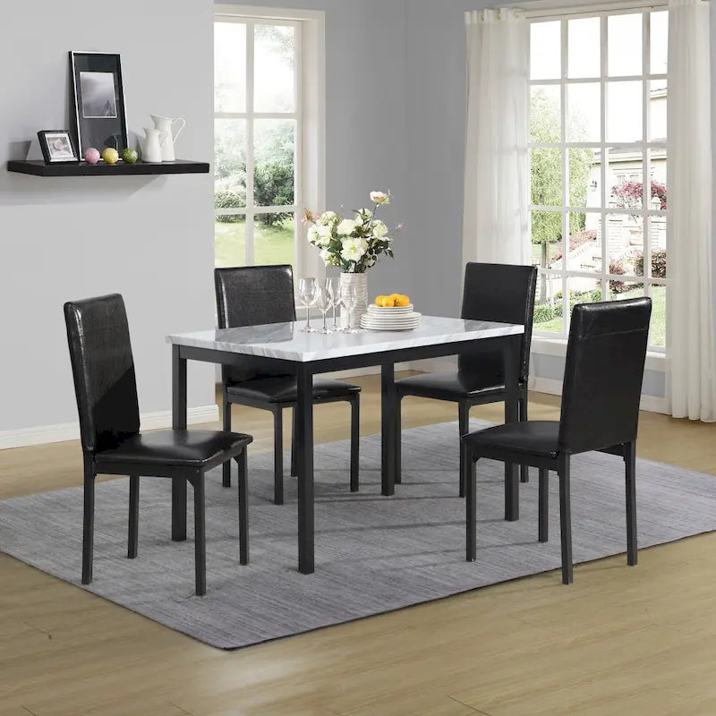 5-Piece Dining Table Set with Rectangular Faux Marble Top and 4 Faux Leather Upholstered Chairs