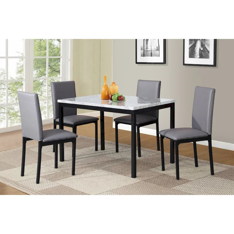 5-Piece Dining Table Set with Rectangular Faux Marble Top and 4 Faux Leather Upholstered Chairs