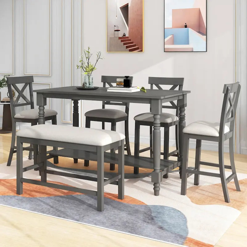 Gray 6-Piece Counter Height Wooden Dining Table Set with 4 Chairs & Bench