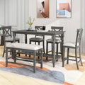 Gray 6-Piece Counter Height Wooden Dining Table Set with 4 Chairs & Bench
