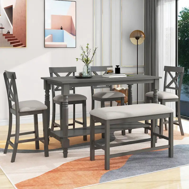 Gray 6-Piece Counter Height Wooden Dining Table Set with 4 Chairs & Bench