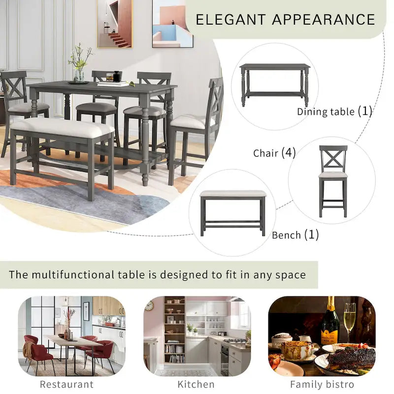 Gray 6-Piece Counter Height Wooden Dining Table Set with 4 Chairs & Bench