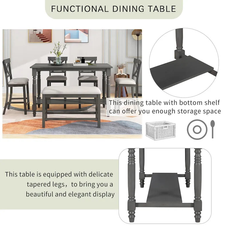 Gray 6-Piece Counter Height Wooden Dining Table Set with 4 Chairs & Bench