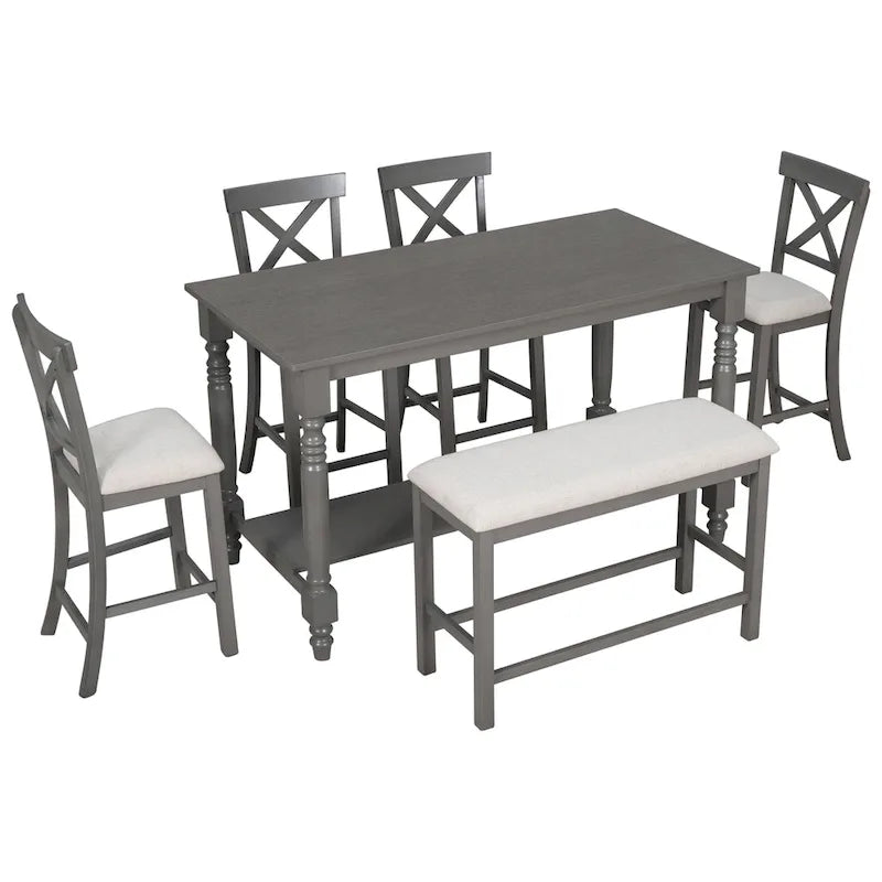 Gray 6-Piece Counter Height Wooden Dining Table Set with 4 Chairs & Bench
