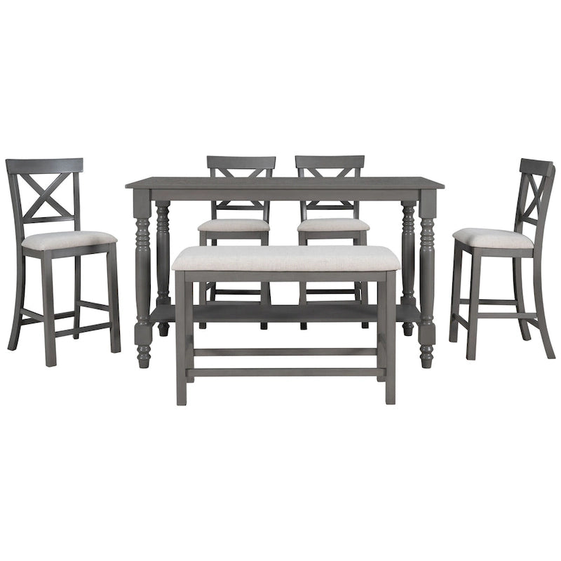 Gray 6-Piece Counter Height Wooden Dining Table Set with 4 Chairs & Bench