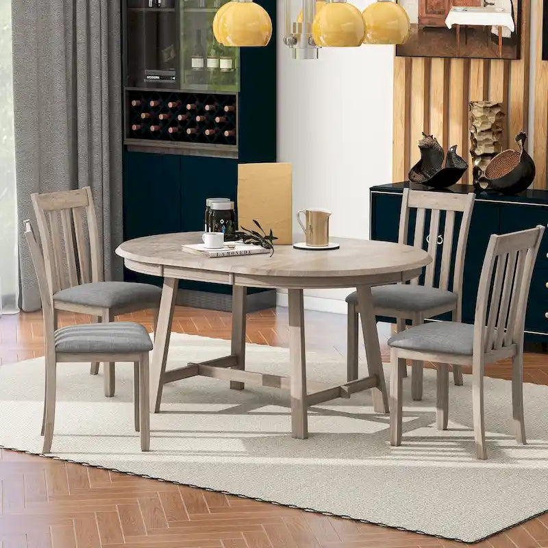 5-Piece Wooden Dining Table Set with Round Extendable Table & 4 Chairs