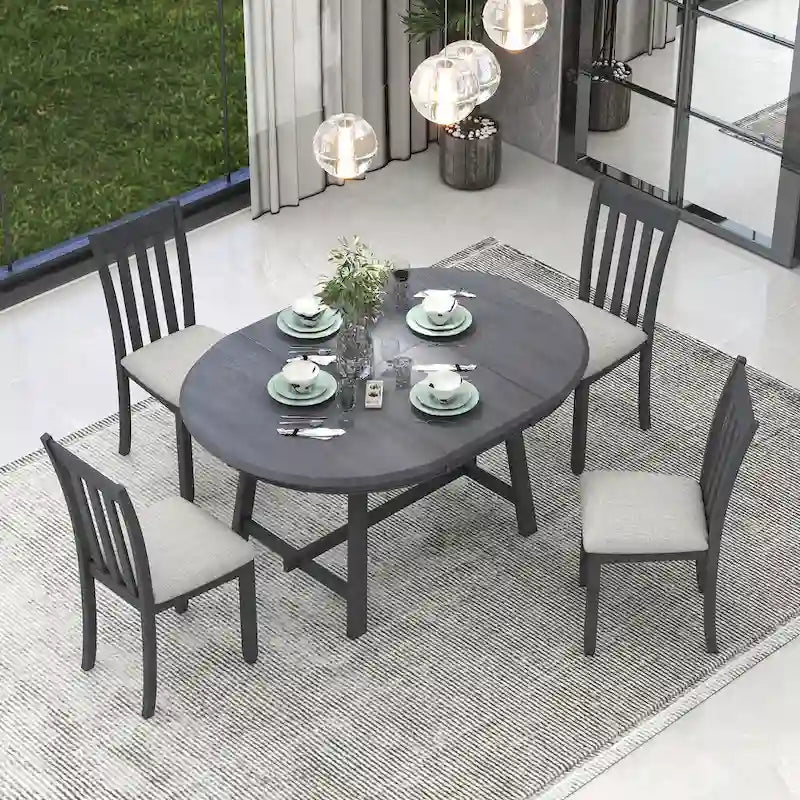 5-Piece Wooden Dining Table Set with Round Extendable Table & 4 Chairs