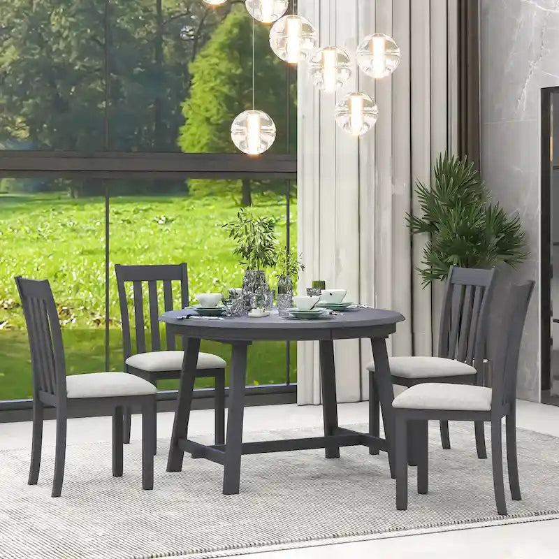 5-Piece Wooden Dining Table Set with Round Extendable Table & 4 Chairs