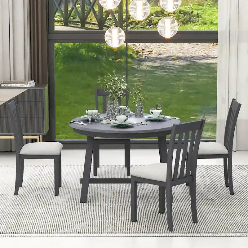 5-Piece Wooden Dining Table Set with Round Extendable Table & 4 Chairs