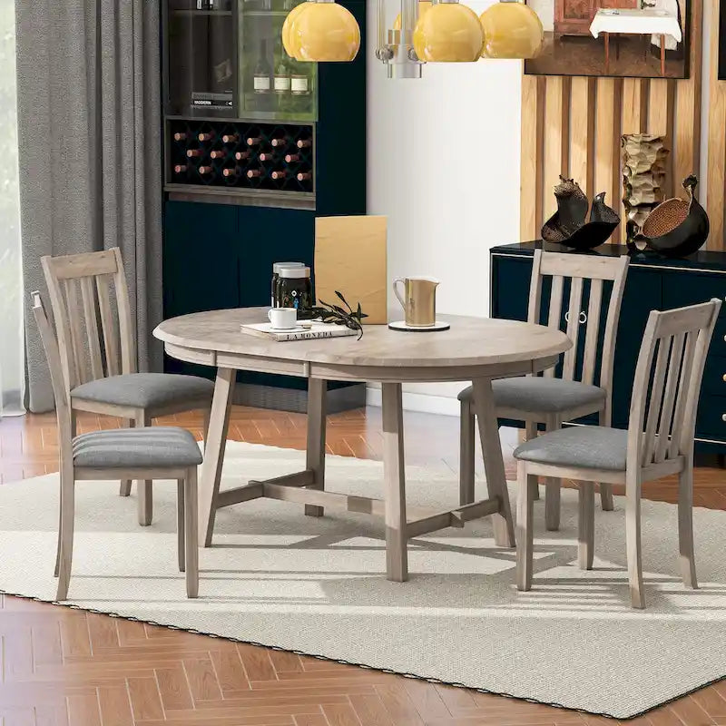 5-Piece Wooden Dining Table Set with Round Extendable Table & 4 Chairs