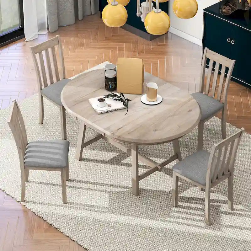 5-Piece Wooden Dining Table Set with Round Extendable Table & 4 Chairs